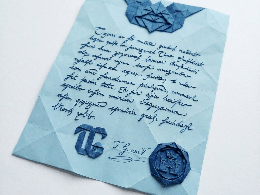 Official-looking blue document with signature and seal
